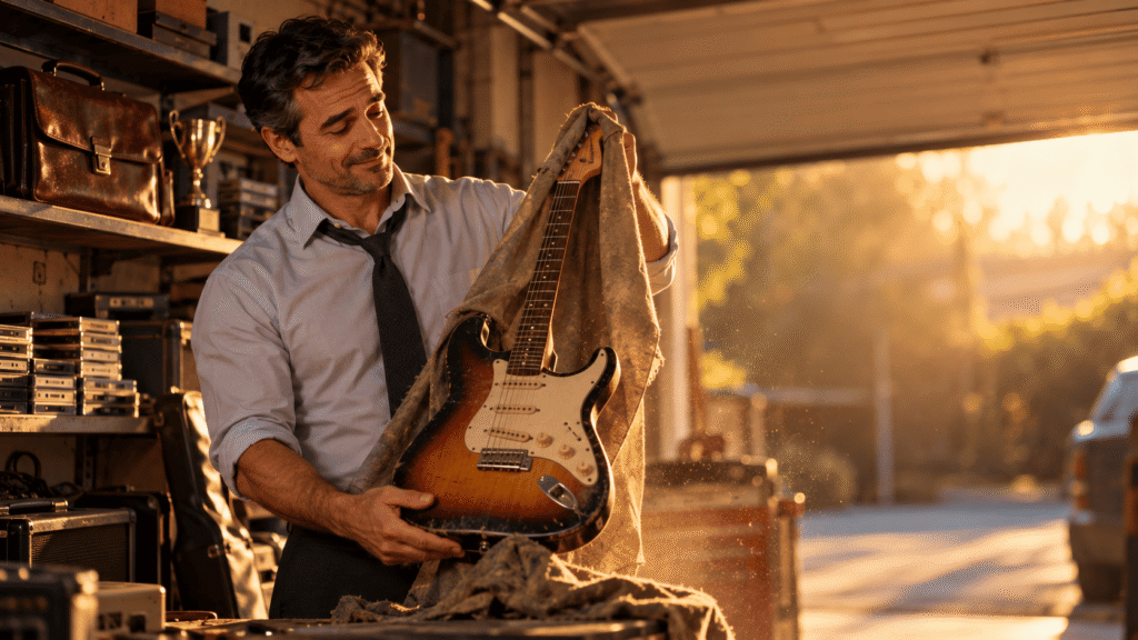 Homem em uma garagem levanta a capa de poeira de uma guitarra esquecida e sorri, ilustrando a crise dos 40 como reencontro com o que foi adiado